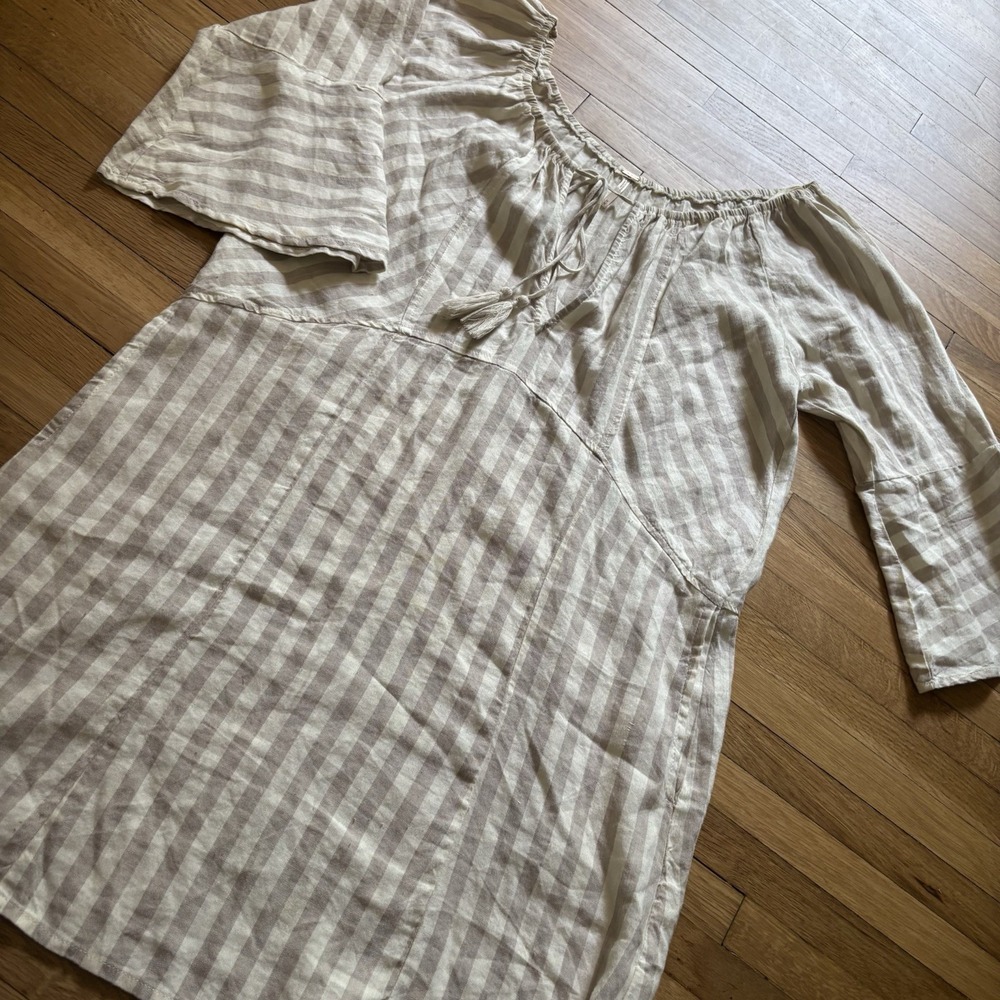 Free People Folk Town Mini Dress Neutral Striped Sz M Linen Blend Lagenlook Boho
